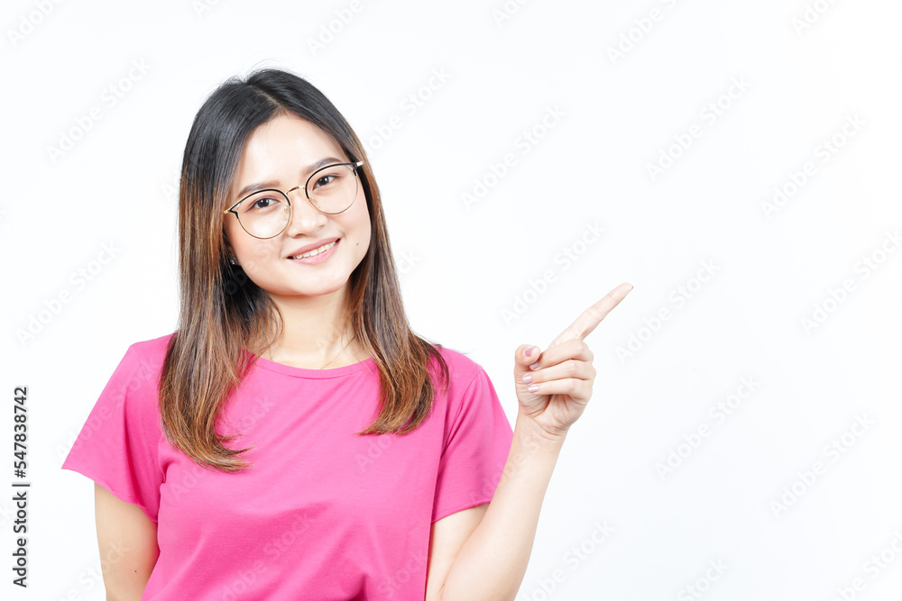 Showing Product and Pointing Side using forefinger Of Beautiful Asian Woman Isolated On White Showing Product and Pointing Side using forefinger Of Beautiful Asian Woman Isolated On White