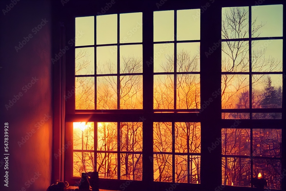 Viewing a sunset through a window, created using AI; artificial intelligence Viewing a sunset through a window, created using AI; artificial intelligence