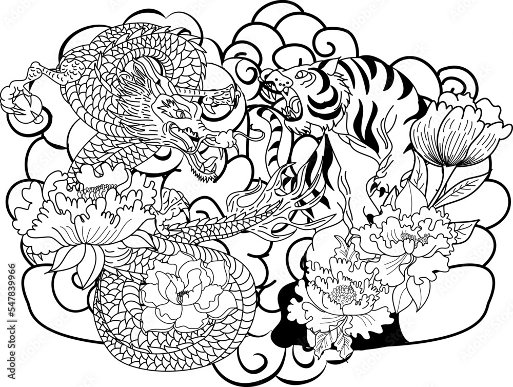 Dragon fighting with tiger tattoo.Dragon and tiger on cloud and red rising sun.Koi fish vector illustration for printing on shirt.Japanese culture for painting on background.