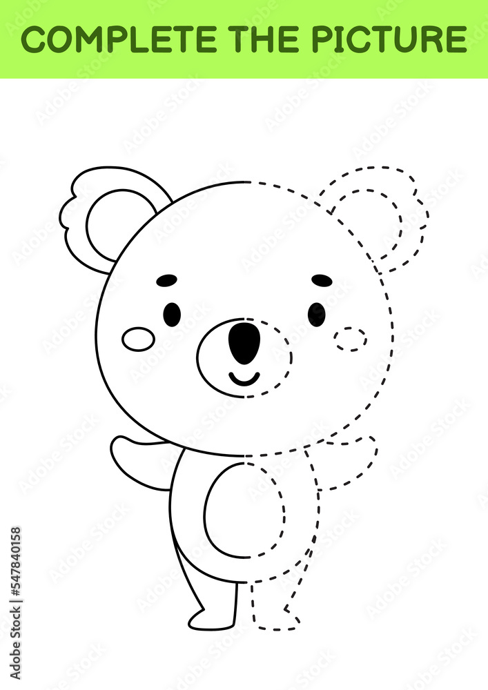 Fototapeta premium Complete drawn picture of cute koala. Coloring book. Dot copy game. Handwriting practice, drawing skills training. Education developing printable worksheet. Activity page. Vector illustration