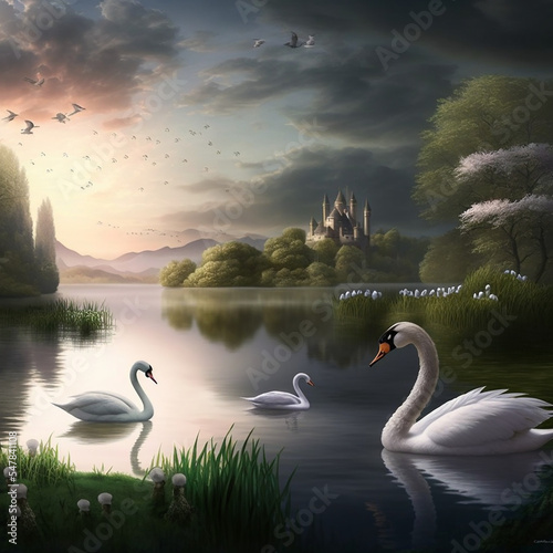 Obraz na plátně Ai generated landscape with swans in a pond/river