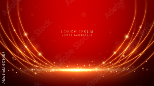 Golden curve lines, shine dots effect and bokeh on red luxury background. Elegant style design template concept