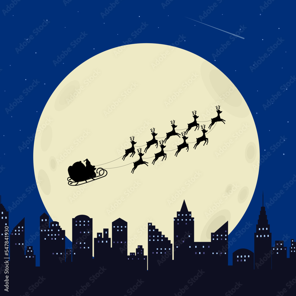 Merry Christmas vector illustration, Santa Claus flying in sleigh with nine reindeers on sky night full moon over model skyscraper building city town landscapes, calibration holiday background.