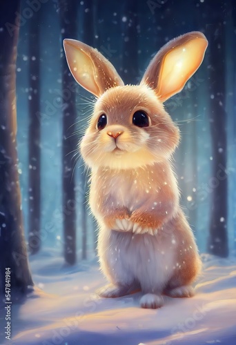 a magical glowing winter forest, chibi rabbit, sparkling white fur, big beautiful detailed eyes