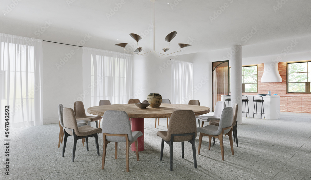 Fototapeta premium Large modern style of dining room , wooden and marble material , daylight from window.3D illustration