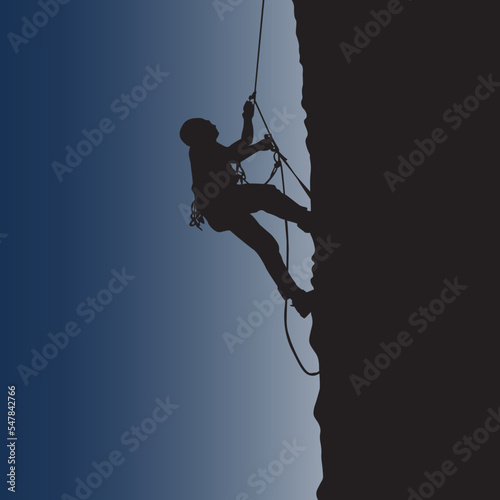 Silhouette of rock mountain climber with any equipment vector illustration