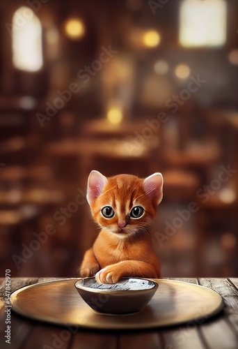 Tiny and cute ruddy Abyssinian kitten character sitting on table in the medieval tavern © Rarity Asset Club