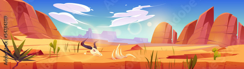 American desert landscape with sand, cactuses, mountains and bull skull and bones. Arizona or Mexico desert panorama with rocks, plants and buffalo skeleton, vector cartoon illustration