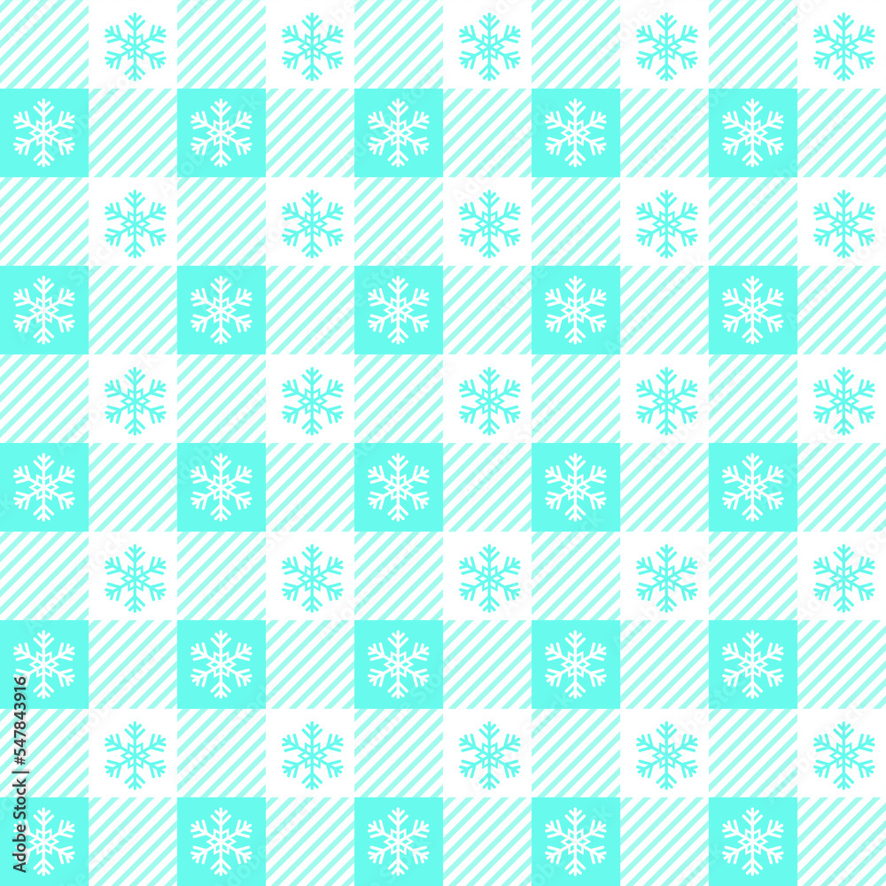 Checkered Christmas pattern with snowflakes. Seamless blue gingham background. Scandinavian winter vichy backdrop. Vector holiday print