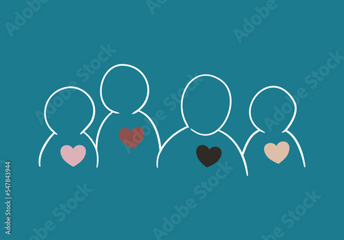 Unity of mankind. Ethnic diversity. People with different skin colors but with the same heart. Simple design illustration. Racial and solidarity. Anti-racist campaign. Learn each other concept.