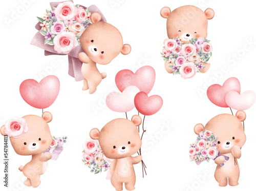 Watercolor Illustration set of cute teddy bear with bouquet and balloons