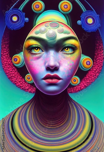 ultra bright colorful trippy gorgeous beautiful surreal futuristic sci-fi Baroque female Goddess, beautiful trippy detailed eyes, trippy surreal portrait