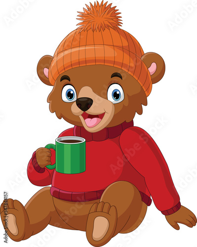 Cartoon bear wearing sweater and hat holding hot coffee