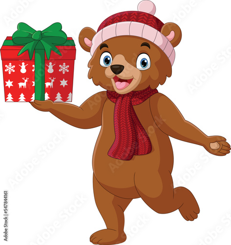 Cartoon bear wearing scarf and hat holding gifts