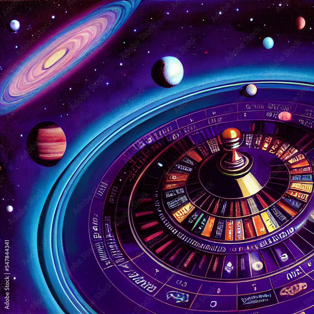 Roulette table as a galaxy out in space, planets orbit nearby and nebulae fill out the background Roulette table as a galaxy out in space, planets orbit nearby and nebulae fill out the background