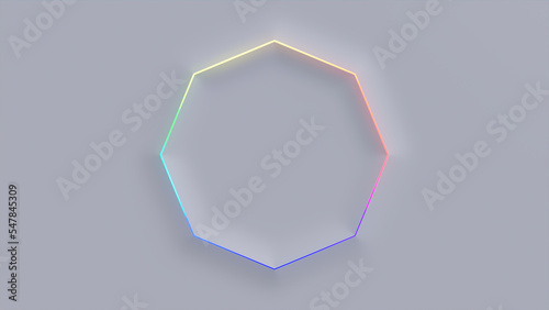 White Surface with Embossed Shape and Rainbow Illuminated Edge. Tech Background with Neon Octagon. 3D Render. photo