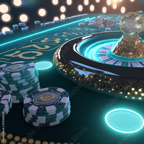 Futuristic casino with roulette tables, poker chips in piles, croupiers at work and dynamic lighting systems