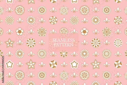 Golden floral vector geometric round shape delicate abstract seamless repeat pattern on a pink background
