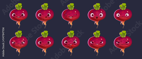 Cute beetroot character face emoji set. Cartoon beet vegetable comic personage for game animation. Happy, angry, sad, surprised, show tongue and naughty funny farm veggies, Vector illustration