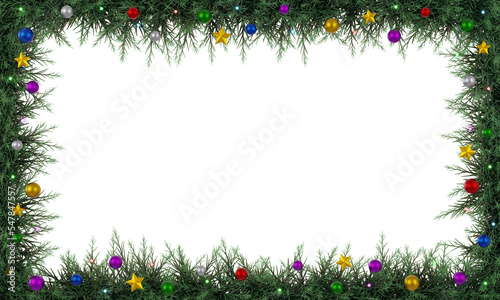 Christmas horizontal frame decorated with colorful balls and glowing lights. Realistic rendering. photo