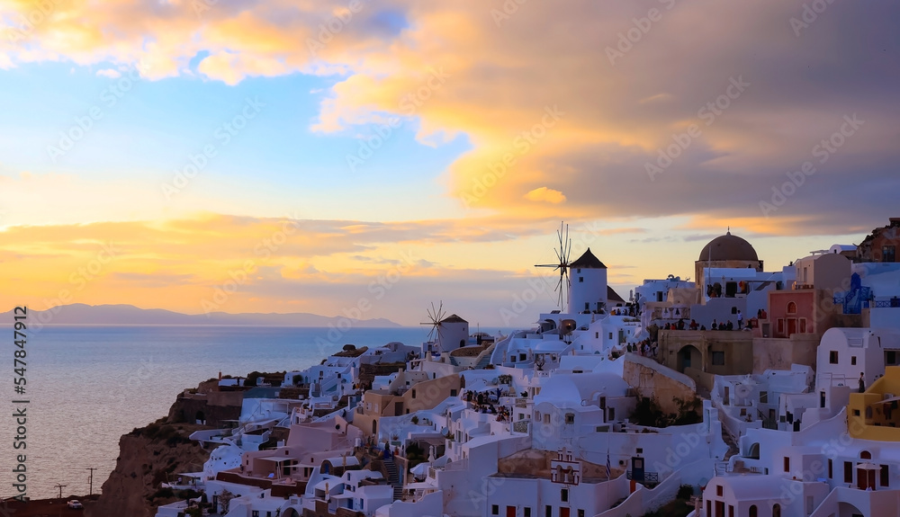 The famous of view point with Sunset sky scene at Oia town on Santorini island, Greece