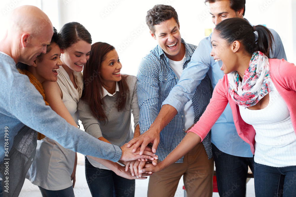 Fototapeta premium Hands stack, business people and team building together for collaboration meeting, goals and company target motivation. Diversity, excited and startup group of people with stack hand sign for mission