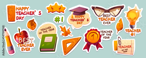 Set of Teachers Day stickers. Vector cartoon illustration of book, academic cap, ruler, pencil, yellow autumn leaves, award, apple, golden stars, paper note and light bulb icons. School education