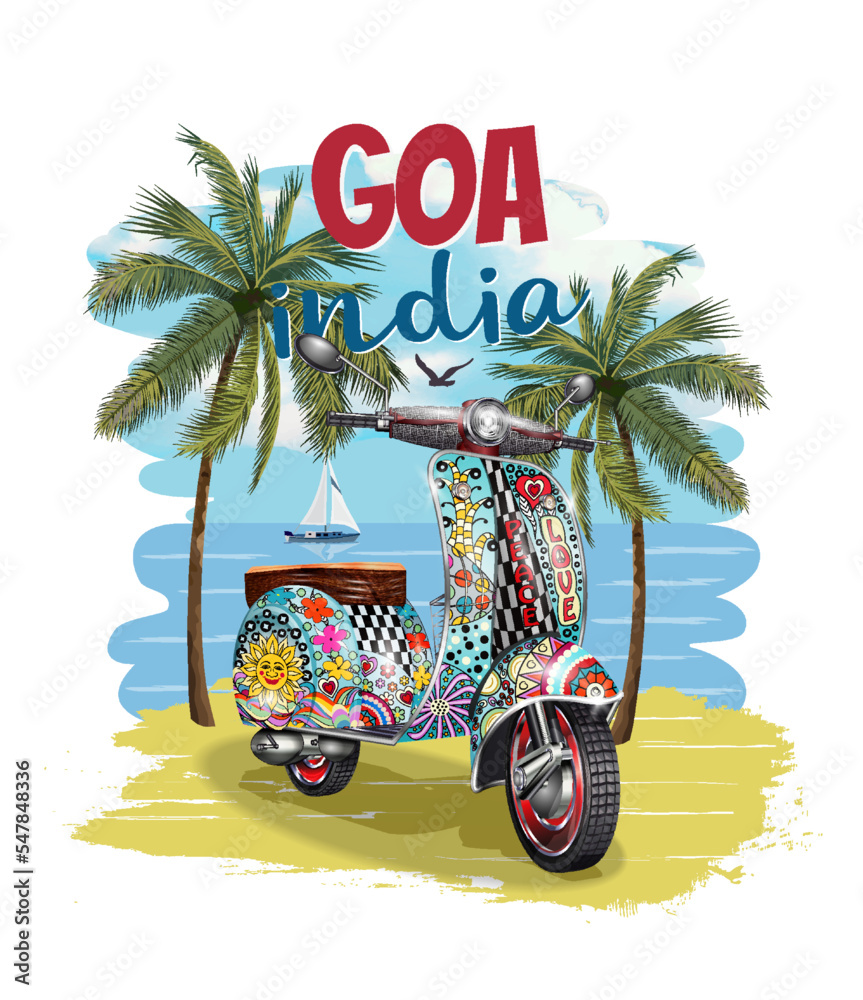 GOA,India typography for t-shirt print with beach,palm and retro scooter.Vintage poster. - obrazy, fototapety, plakaty 