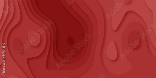 Dark red and white papercut background. Abstract realistic paper cut decoration textured with wavy layers. Geometric cut paper orange luxury background with gold elements, topography map concept.