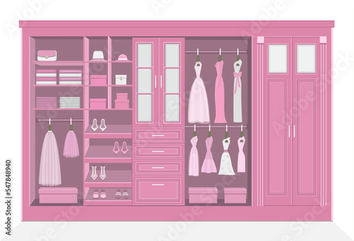 Elegant pink bedroom wardrobe closet storage with interior organizers shoe racks and hanging rails for clothes realistic vector illustration.