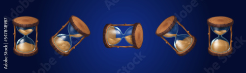 Hourglass with wood circles, transparent glass, sticks and sand inside. Vintage sandclock turn around, classic timer, vector cartoon illustration isolated on background