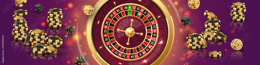 Banner with golden Сasino roulette, stacks of black, gold poker chips, tokens, dices, around on purple background with reflection, lights. Vector casino illustration. Banner with golden Сasino roulette, stacks of black, gold poker chips, tokens, dices, around on purple background with reflection, lights. Vector casino illustration.