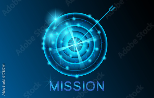 Futuristic mission concept. An arrow and darts target glowing symbols and text. Technology abstract mission vector illustration. Graphic design concept of business mission. Glow in the dark background