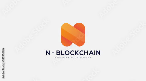 Orange Letter N blockchain vector logo design template
