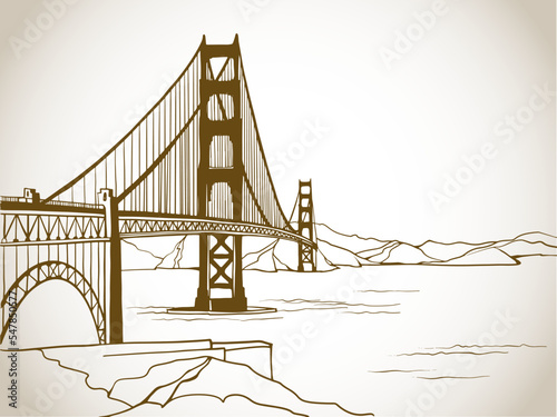 Golden Gate Bridge. San Francisco, USA. Hand drawn line sketch. Ink drawing. Sepia vector illustration on white.