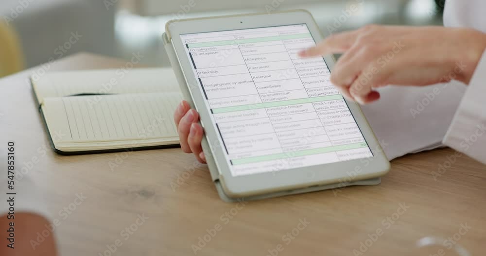 Tablet, screen and doctor hands planning schedule, consultation time and hospital management on excel digital software, document or information list. Medical worker hand on technology app consulting