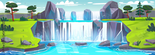 Waterfall cascade at summer nature landscape. Cartoon panoramic view of stream flow from rocks, fall to lake with green valley and trees around. Wild area, beautiful parkland, Vector illustration