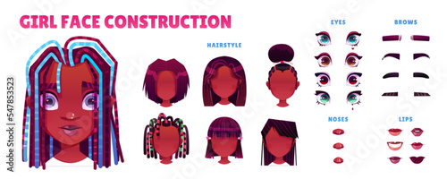 Black woman face construction kit, avatar constructor of african female character. Dark skin heads, hairstyle, nose, eyes, eyebrows and lips. Isolated facial elements, cartoon vector creation set