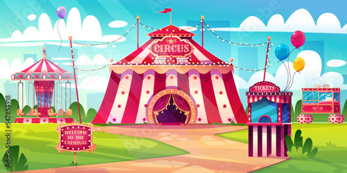 Amusement carnival park with circus tent, merry-go-round carousel and candy cotton booth, balloons and tickets kiosk. Festive fair and recreation entertainment attractions Cartoon vector illustration