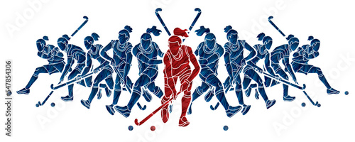 Field Hockey Sport Team Female Players Action Together Cartoon Graphic Vector