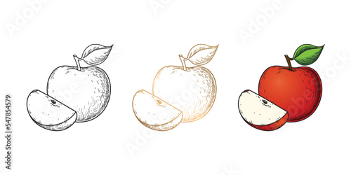 Vector drawing apple. Black, gold and realistic colors on white background.
