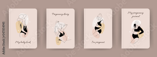 Cover page notebook collection. Templates with abstract pregnant women in one line style. Perfect for diary, books, magazines, journals, catalogs, planners and flyers. Vector layouts.