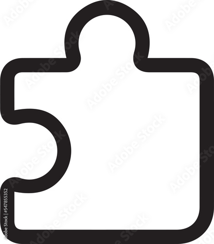 Outline puzzle part icon, Jigsaw puzzle piece, app addition pictogram. Business solution, game challenge, gaming plugin, extension and addon. Vector icon.