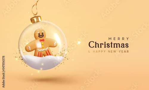 Merry Christmas and Happy New Year. Christmas ornaments glass transparent balls with gingerbread man side on snow. Christmas ball hanging on gold ribbon. Holiday Xmas background. vector illustration