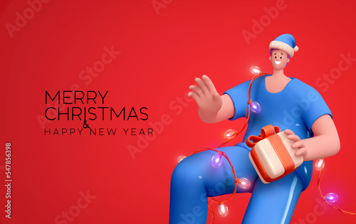 Beautiful young man with Christmas mood and gift box in her hands. Realistic 3d guy design with surprise in hand, New Year's decorative light garland. Xmas banner, holiday poster. Vector illustration