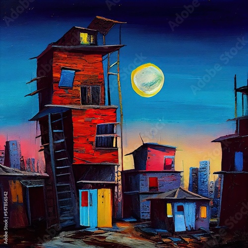 Murais de parede Colorful and vibrant shantytown at midnight full moon