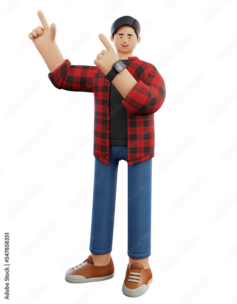3D render illustration. Cartoon character of a young man wearing a red flannel shirt isolated on white background. Image for school, college, study, or casual situation 3D render illustration. Cartoon character of a young man wearing a red flannel shirt isolated on white background. Image for school, college, study, or casual situation