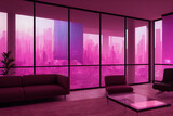Cyberpunk modern style living room, neon lighting and magenta colors, wide glass window - AI Generated illustration