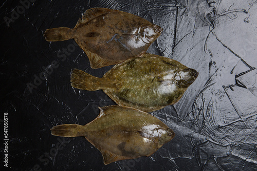 Three raw flounders lie in a row on black slate, sea fish