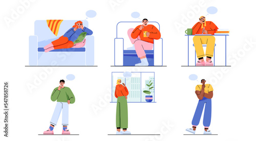 People dream, think while relax on couch and chair, look out window, standing and sitting at workplace. Diverse men and women with thought bubbles, vector flat illustration